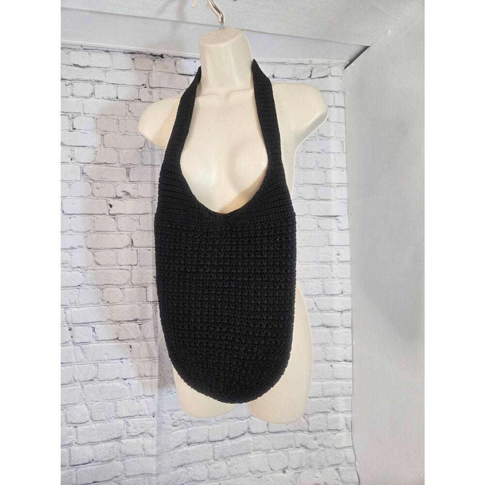 La Rue Womens Black Crotcheted Hobo Bag